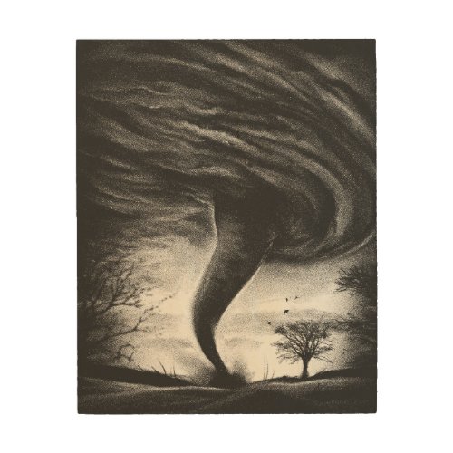 a tornado on a road in realistic style wood wall art