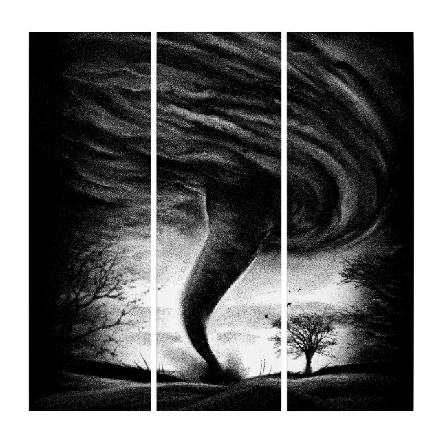 a tornado on a street in a realistic style triptych (Front)