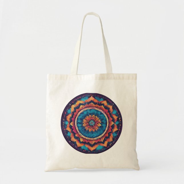 A tote bag with a bold, colorful mandala pattern (Front)