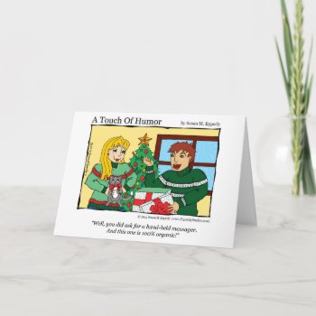 "a Touch Of Humor" Hand Held Massager / Cat Comic Holiday Card by TigerLilyStudios at Zazzle