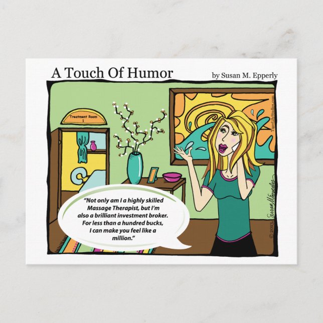 "A Touch of Humor" Investment Broker Massage Comic Postcard (Front)