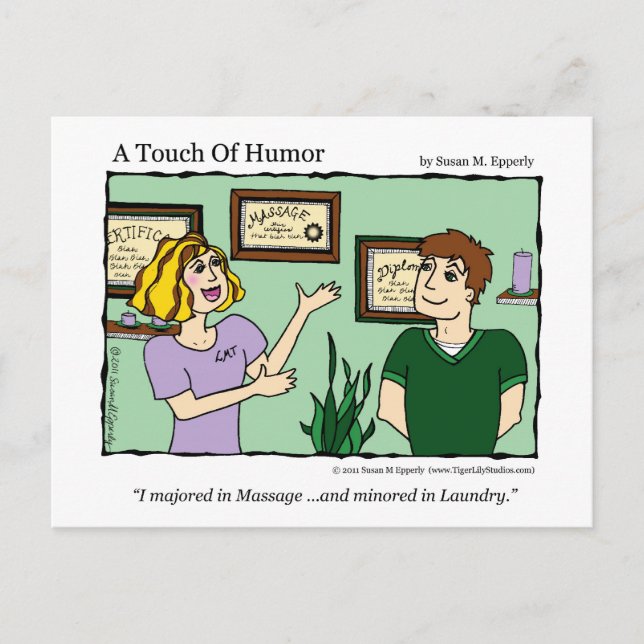 "A Touch of Humor" Massage / Laundry Comic Mug Postcard (Front)