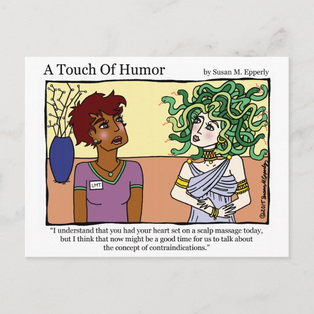 "A Touch of Humor" Medusa Massage Comic Postcard (Front)