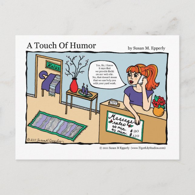 "A Touch of Humor" Reiki Energy Work Massage Comic Postcard (Front)