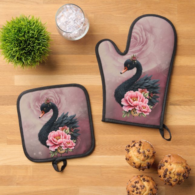 A touch of rose and swan's glow.  oven mitt & pot holder set (Top Down)
