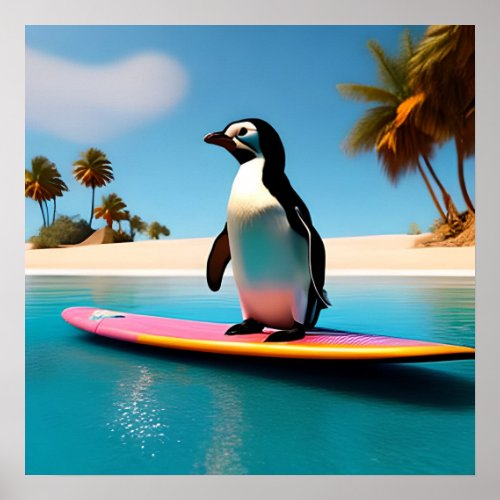 A Touch of Tropical Charm Surfing Penguin Paradise Poster