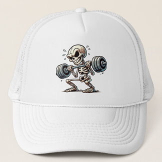 A tough skeleton working out trucker hat