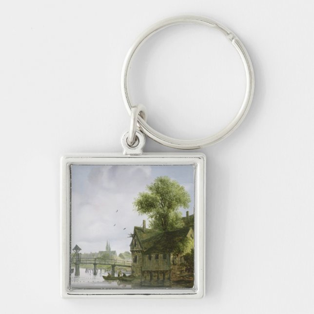 A Town on a river with a bridge Keychain (Front)