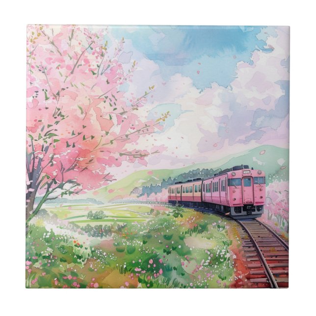 A Train in Springtime Ceramic Tile (Front)