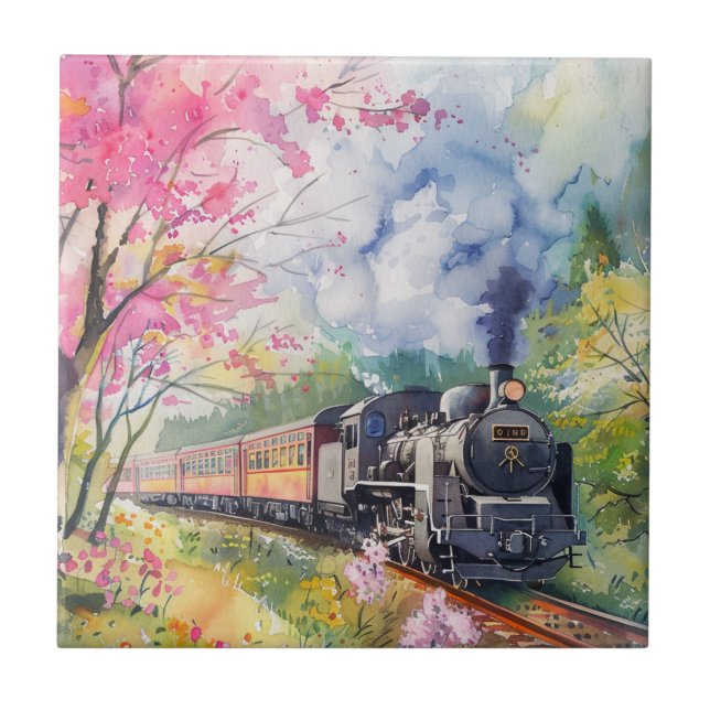 A Train in Springtime Ceramic Tile (Front)