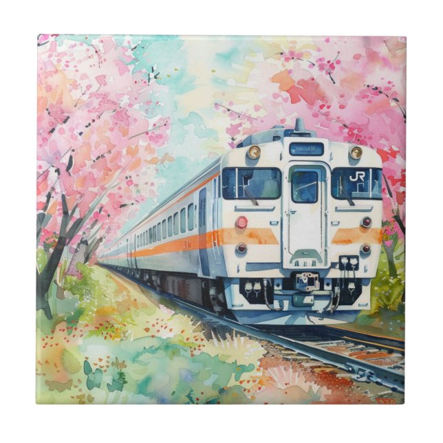 A Train in Springtime Ceramic Tile (Front)