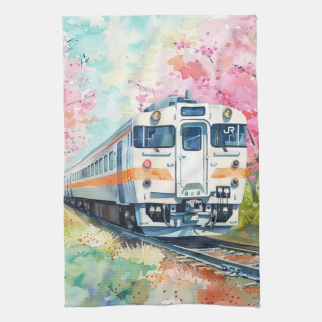 A Train in Springtime Kitchen Towel (Vertical)