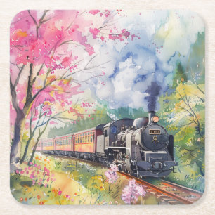 A Train in Springtime Square Paper Coaster