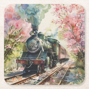 A Train in Springtime Square Paper Coaster