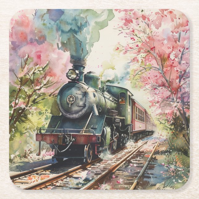 A Train in Springtime Square Paper Coaster (Front)