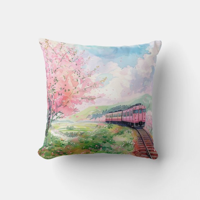 A Train in Springtime Throw Pillow (Front)
