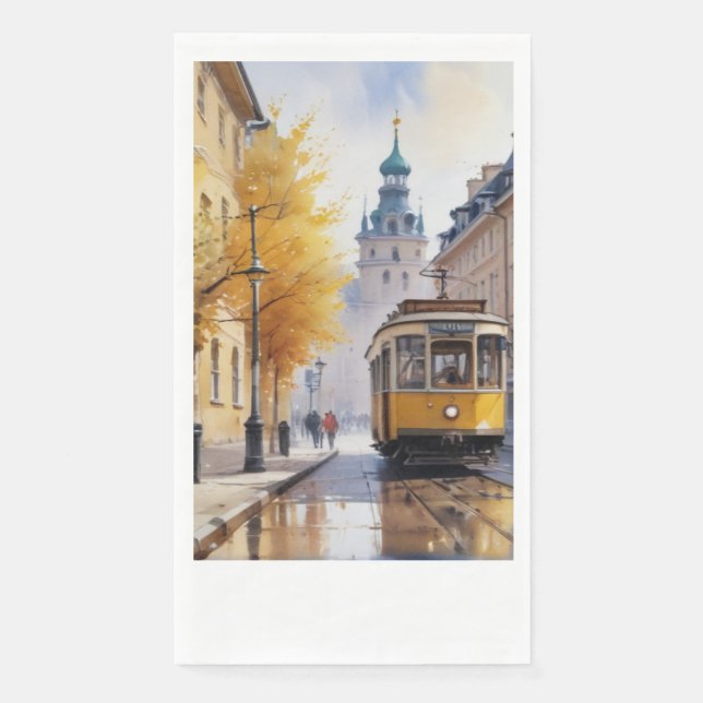 A tram rides along an autumn street paper guest towels (Front)