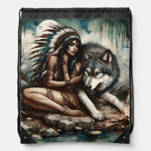 A tranquil bond between a native Indian and a wolf Drawstring Bag