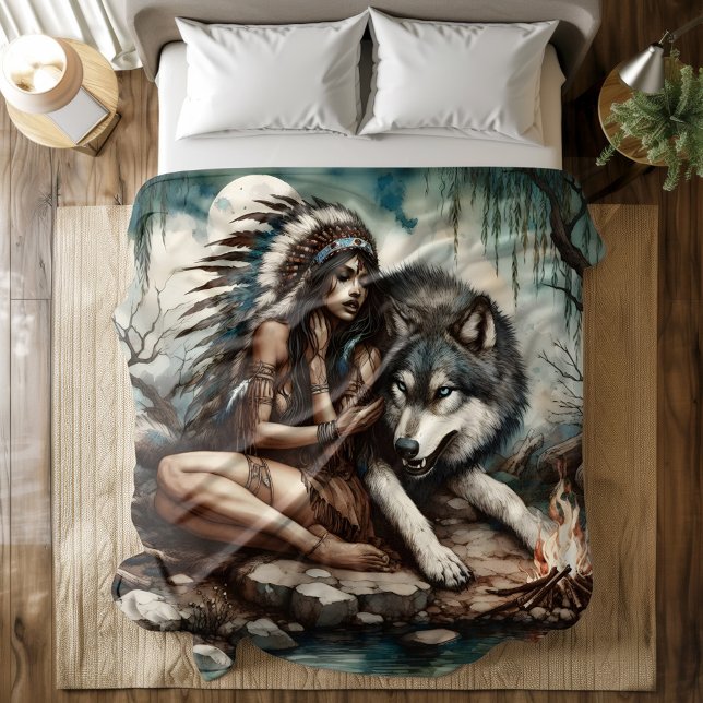A tranquil bond between a native Indian and a wolf Duvet Cover (Creator Uploaded)