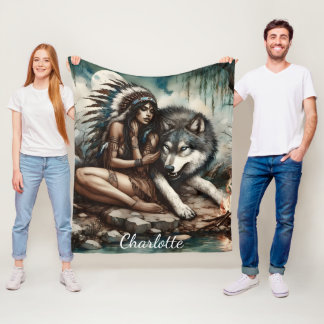 A tranquil bond between a native Indian and a wolf Fleece Blanket