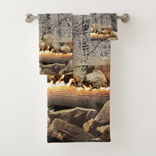 A Tranquil Burning Yule Log in a Snowy Forest Bath Towel Set