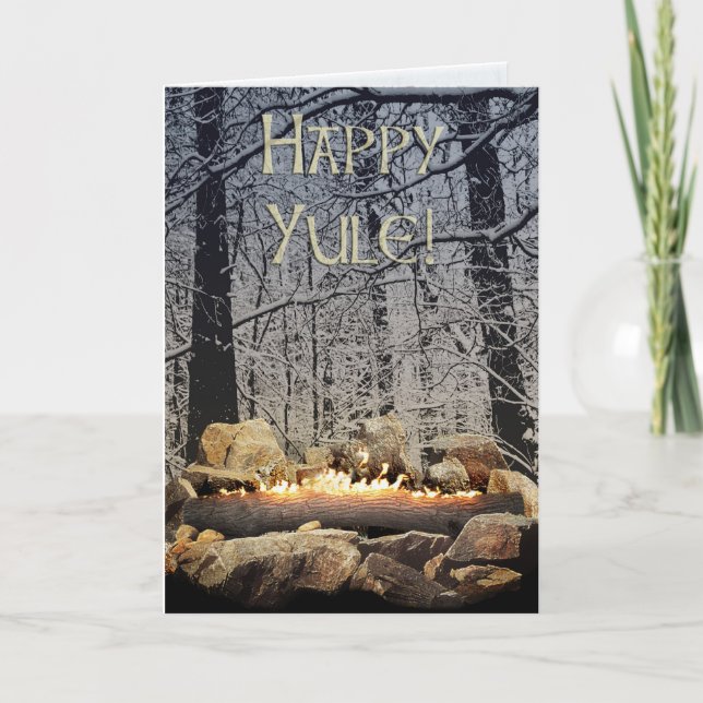 A Tranquil Burning Yule Log in a Snowy Forest Card (Front)