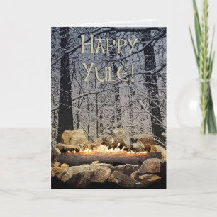 A Tranquil Burning Yule Log in a Snowy Forest Card