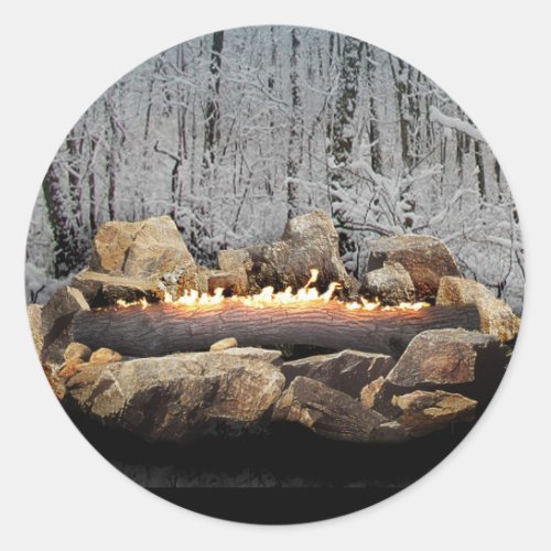 A Tranquil Burning Yule Log in a Snowy Forest Classic Round Sticker