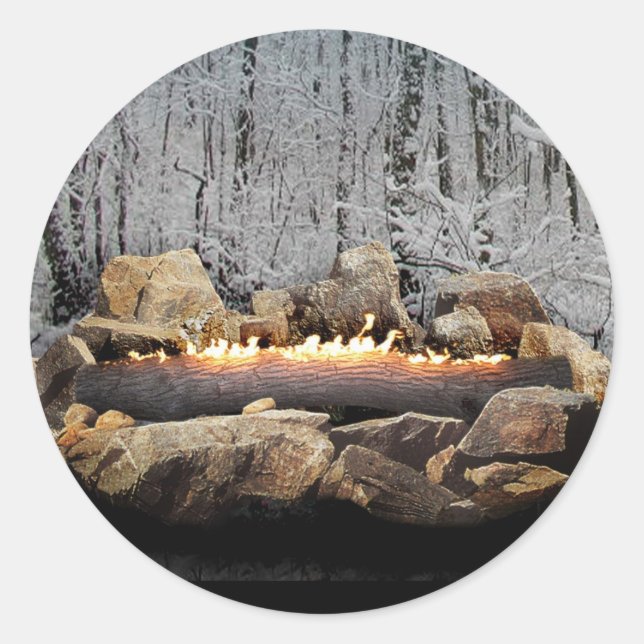 A Tranquil Burning Yule Log in a Snowy Forest Classic Round Sticker (Front)