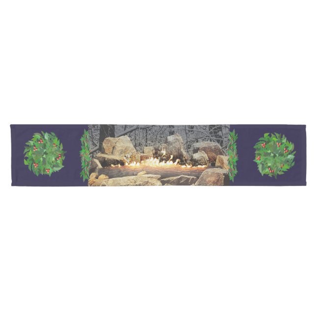 A Tranquil Burning Yule Log  with Holly Wreaths Short Table Runner (Horizontal)