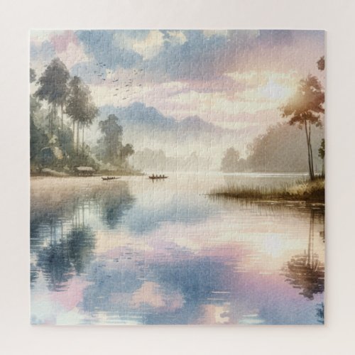 A tranquil lakeside scene at dawn jigsaw puzzle