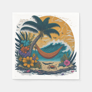 a tranquil scene of a beach with palm trees napkins