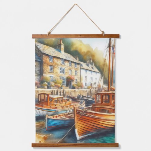 A tranquil view of boats moored in the harbour hanging tapestry