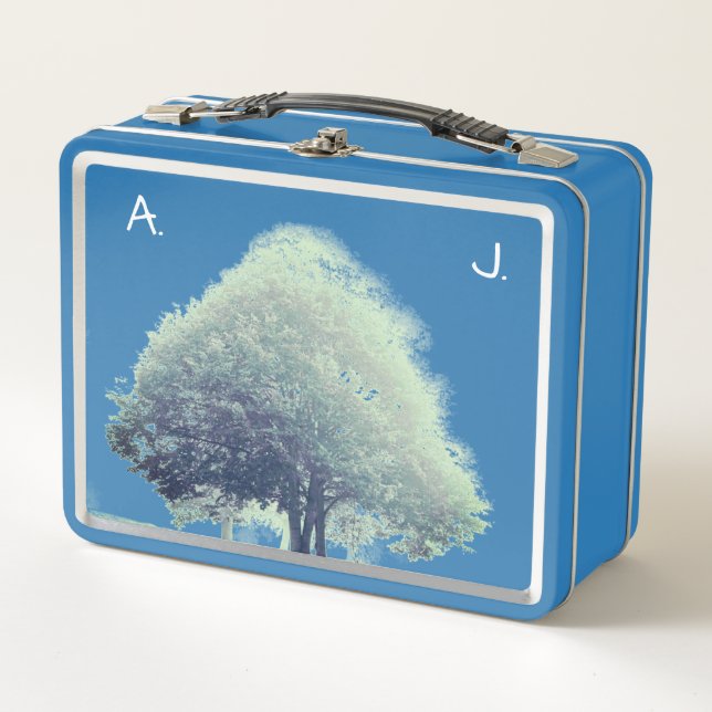A Tree in Fog with Monogram & Quote Metal Lunch Box (Front)
