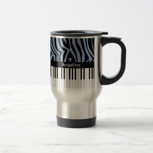 A trendy and hip music design featuring piano keys travel mug