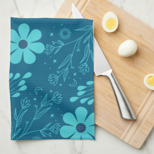 A Trendy Cyan Colour Flowers Design Kitchen Towel