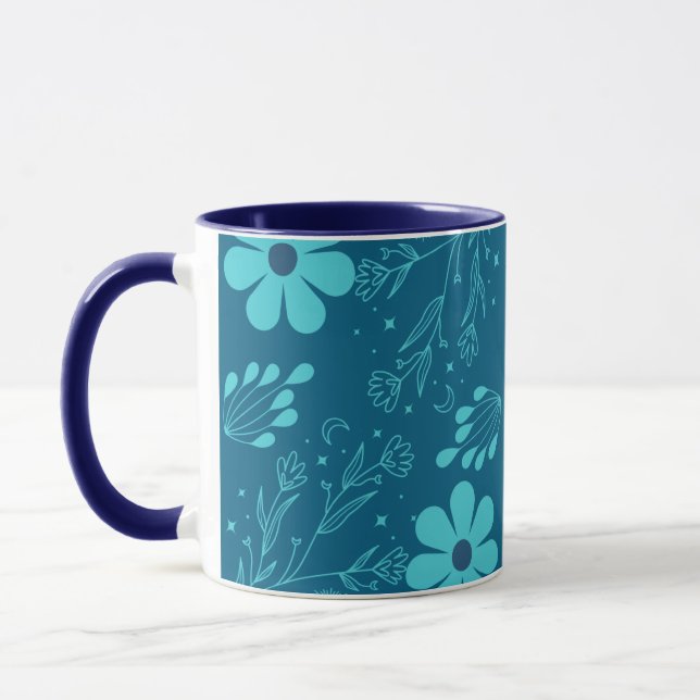 A Trendy Cyan Colour Flowers Design Mug (Left)