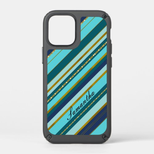 A trendy monogram turquoise aqua stripy golden speck iPhone 12 mini case