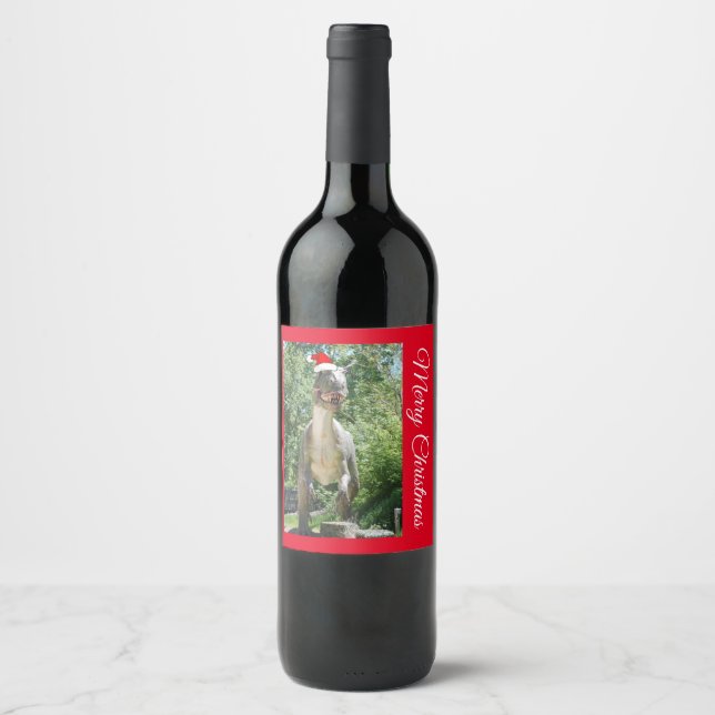 A TREX Dinosaur wearing a Santa Claus Hat Wine Label (Front)