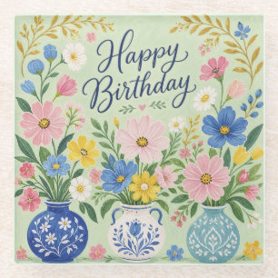 A Trio of Birthday Blooms Glass Coaster