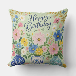 A Trio of Birthday Blooms Throw Pillow
