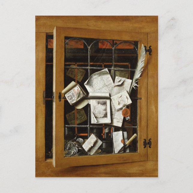 A trompe l'oeil of an open glazed cupboard postcard (Front)