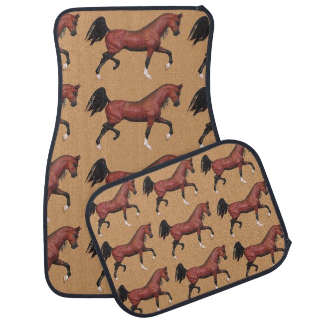A Trotting Bay Arabian Horse Fun Pattern On Tan Car Mat (Set)