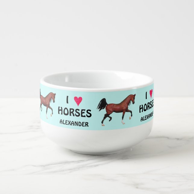 A Trotting Bay Arabian Horse Fun Pony Personalized Soup Mug (Front)