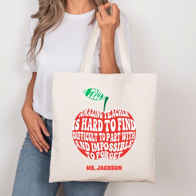 A Truly Amazing Teacher Apple Typography Tote Bag (Creator Uploaded)