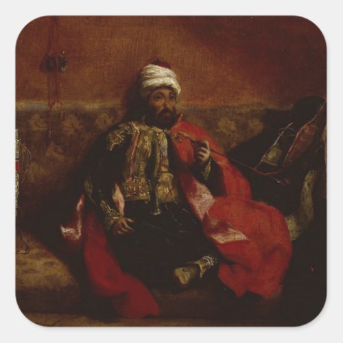 A Turk smoking sitting on a sofa c1825 Square Sticker