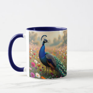 A Turquoise and Blue Peacock in Flowers Mug