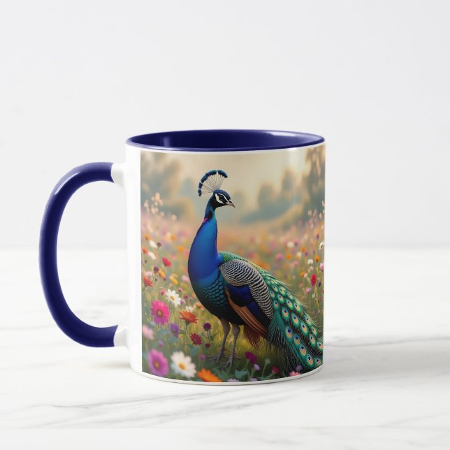 A Turquoise and Blue Peacock in Flowers  Mug (Left)