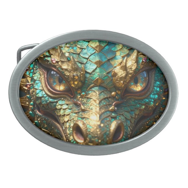 A Turquoise and Gold Dragon Mystical Belt Buckle (Front)