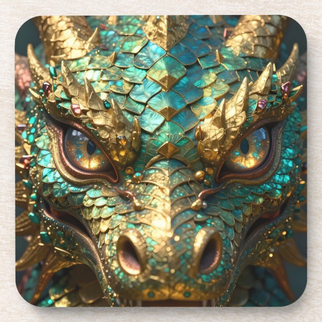 A Turquoise and Gold Dragon Mystical Beverage Coaster (Front)